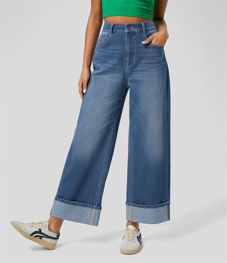 Spring 2025 new cross-border fashion high-waisted, rolled-up straight-leg jeans for women and casual wide-leg pants from Europe and America pic 12