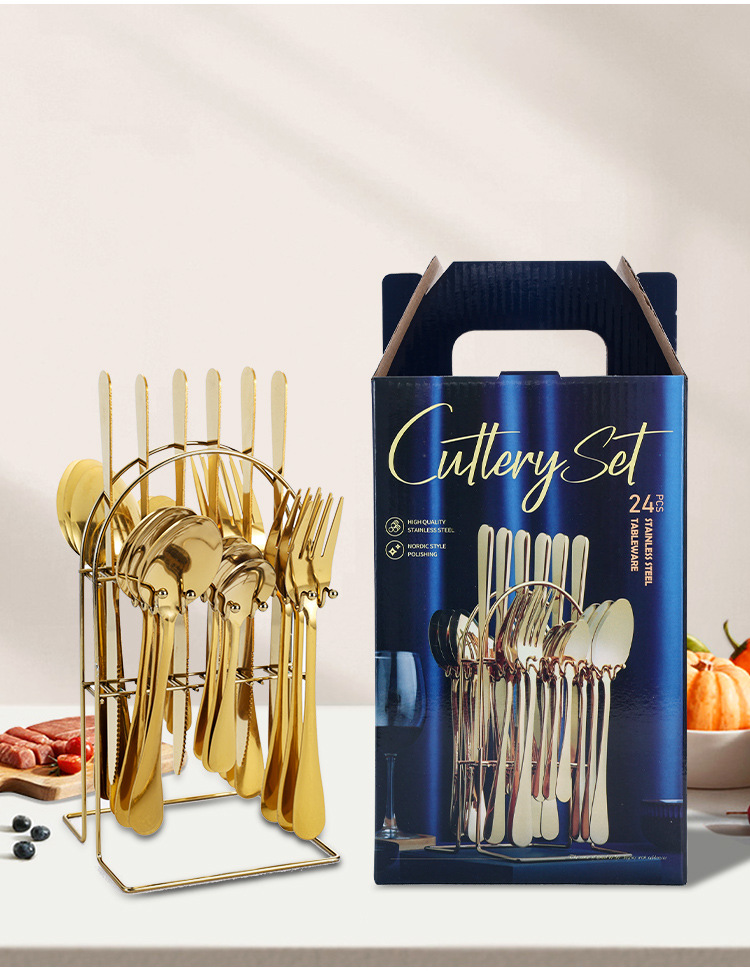 Cross-border 410 stainless steel knife, fork and spoon box set, golden gift box set, high appearance level, 24-piece set, Western tableware four-piece set pic 9