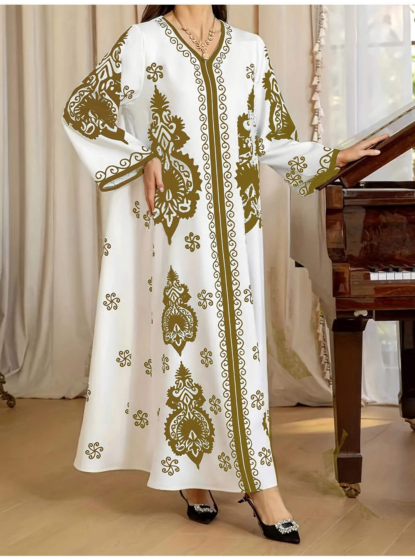 中东沙特阿拉伯长袍女装迪拜土耳其印尼旅游烫金大袍长裙详情8