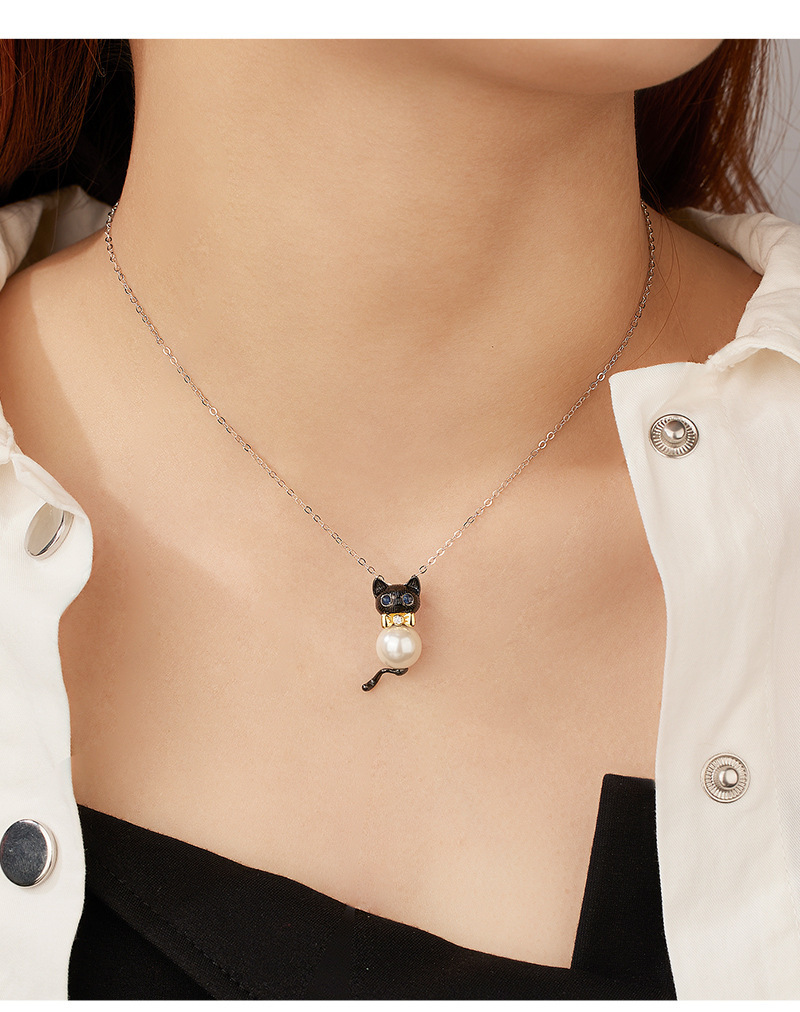 S925 sterling silver Little Cat pendant, a niche design for women with a sense of high-end color contrast pendant, DIY accessory, silver empty stand pic 4