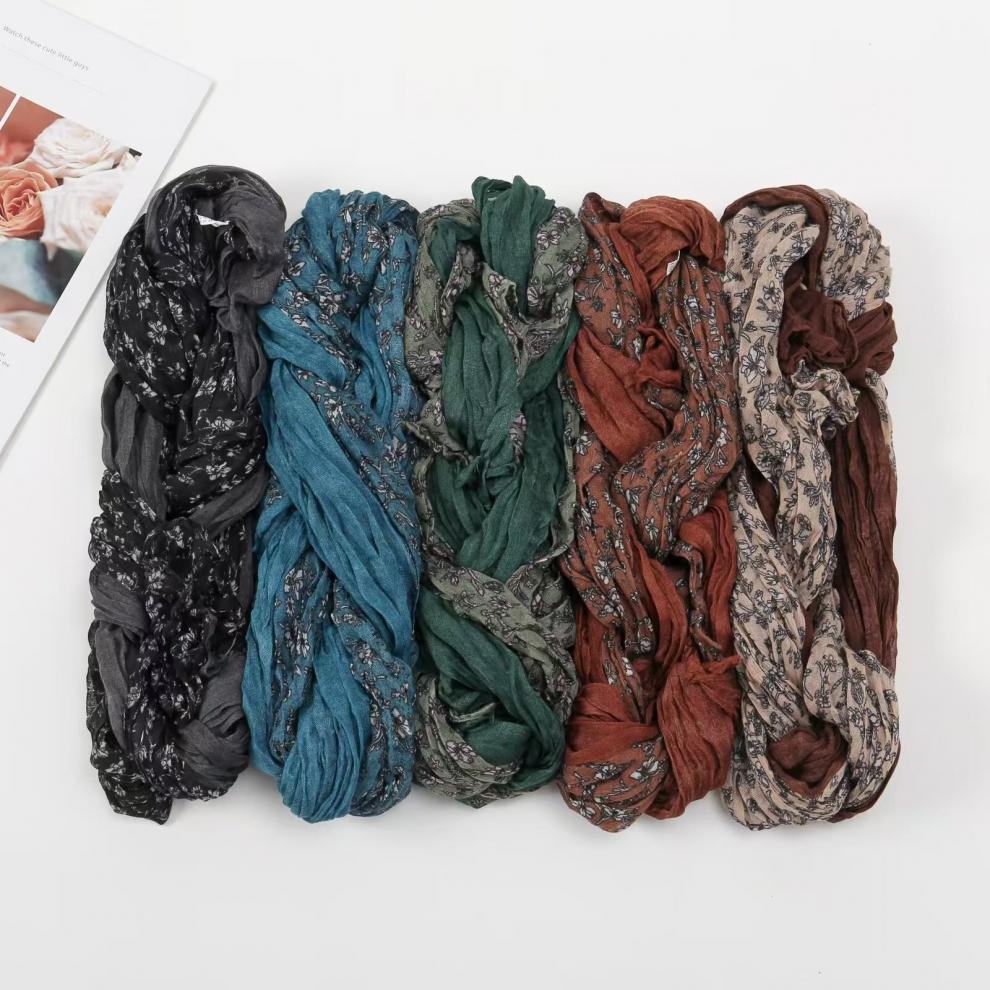 春秋麻花围巾褶皱简约百搭丝巾韩版外贸碎花披肩巴厘纱围巾女围脖详情30