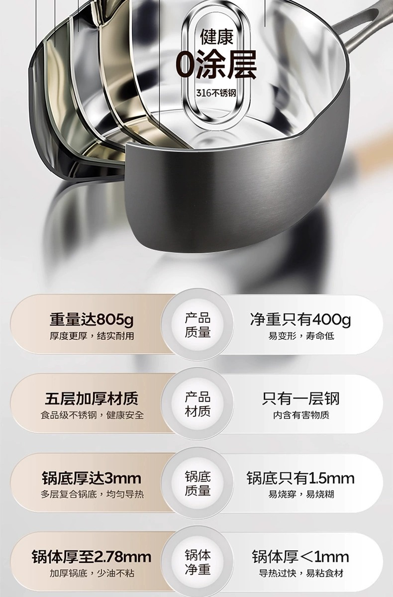 Thickened food-grade 316 stainless steel milk pot, non-stick snow flat pot without coating, small pot for cooking instant noodles for one person pic 6