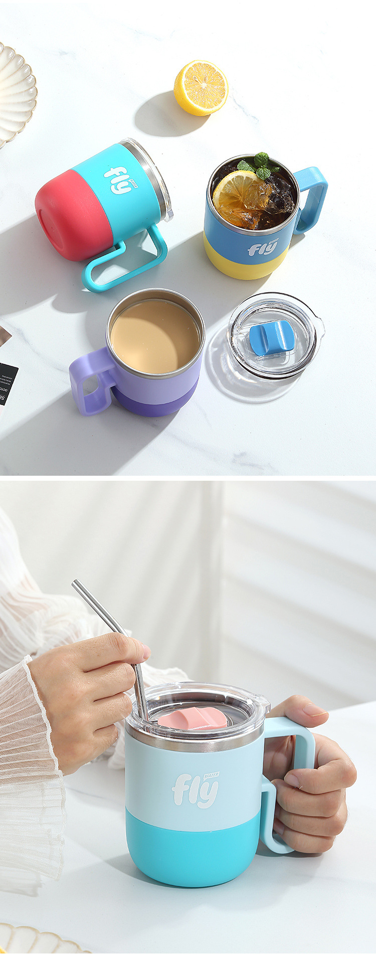The 304 stainless steel fashionable and cute travel cup with a straw and handle rope design is a portable and simple student water cup pic 15