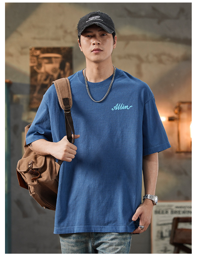 ALLIN pure cotton heavy-duty short-sleeved T-shirt for men, a summer trendy brand with three-dimensional printed letters and loose round-neck couple tops pic 46