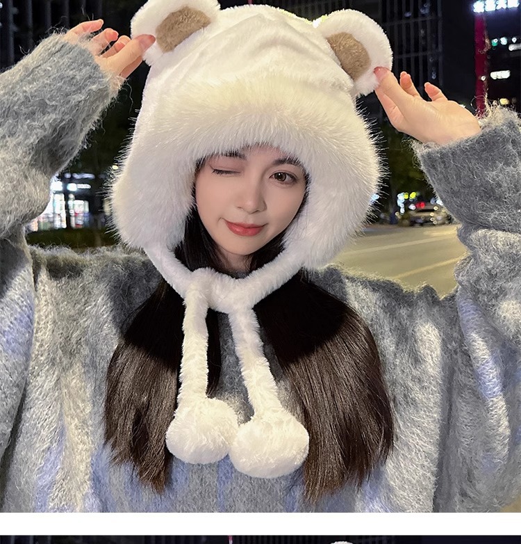 秋冬季可爱小熊毛绒绒百搭护耳包头帽女加厚套头防寒保暖加厚帽子详情11