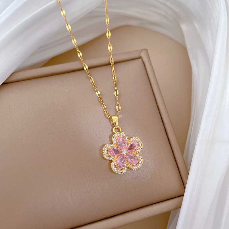 【钛钢】五叶花朵项链耳环套装轻奢微镶个性气质宴会耳饰项饰组合详情14