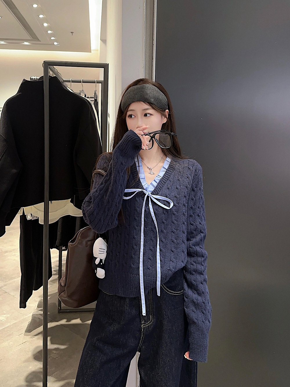 韩系学院风设计感假两件长袖毛衣针织衫女冬季蓝色温柔风修身上衣详情12