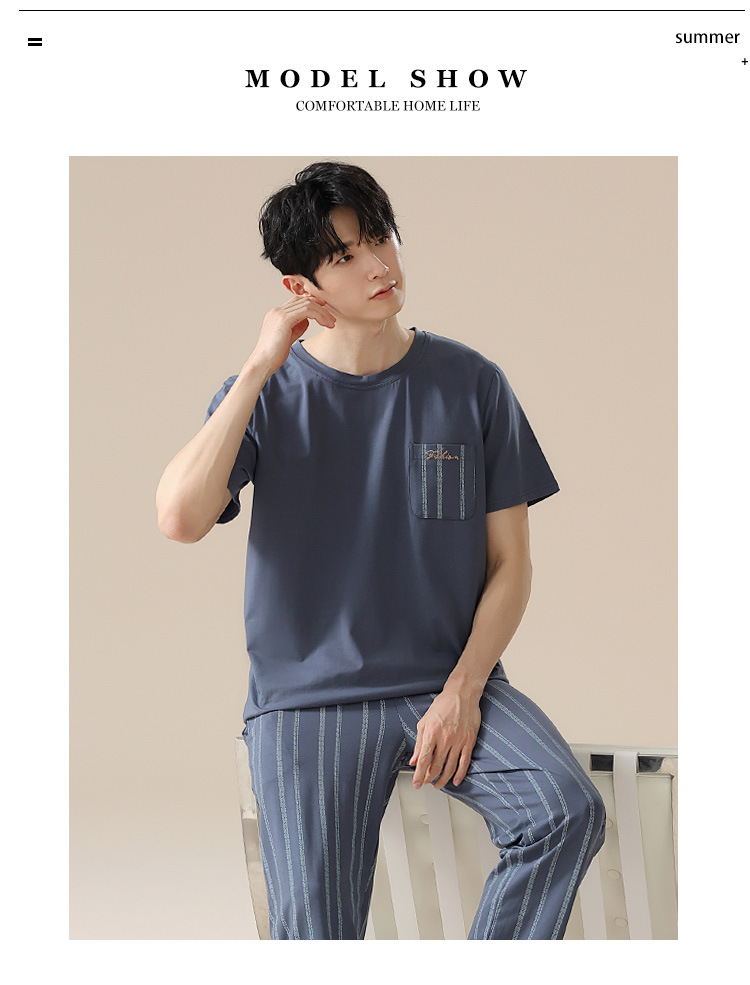 Summer pure cotton pajamas for men, cartoon casual short-sleeved shirts and long pants, pure cotton comfortable home wear, summer youth student set pic 160
