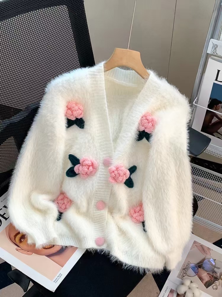 A new autumn loose and thick long-sleeved knitted sweater in solid color for women, featuring a little chanel-style rose sweater cardigan pic 5