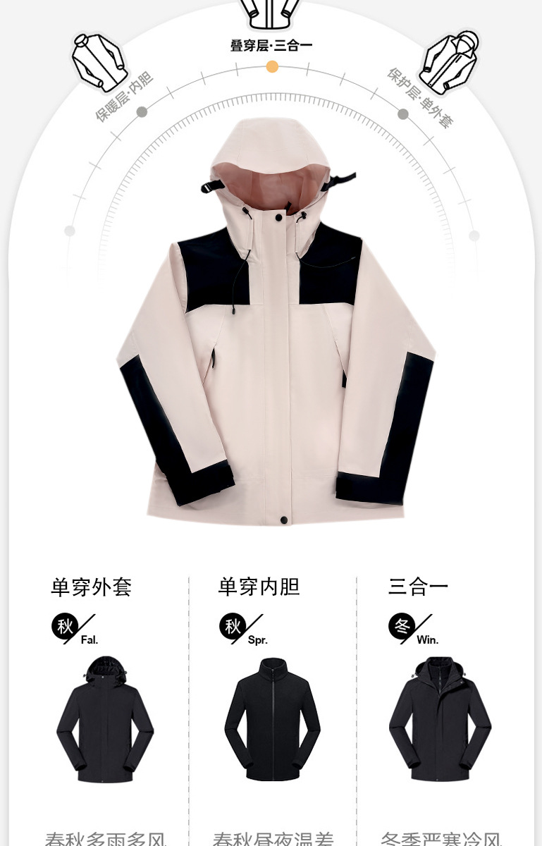 户外冲锋衣男女款三合一可拆卸外套2024新款防风防水登山服详情8