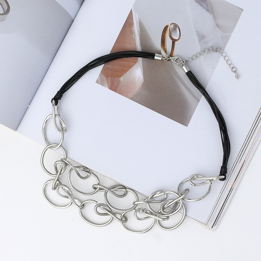 跨境专供欧美外贸爆款合金锁骨链时尚圆环饰品复古简约双层短项链详情7