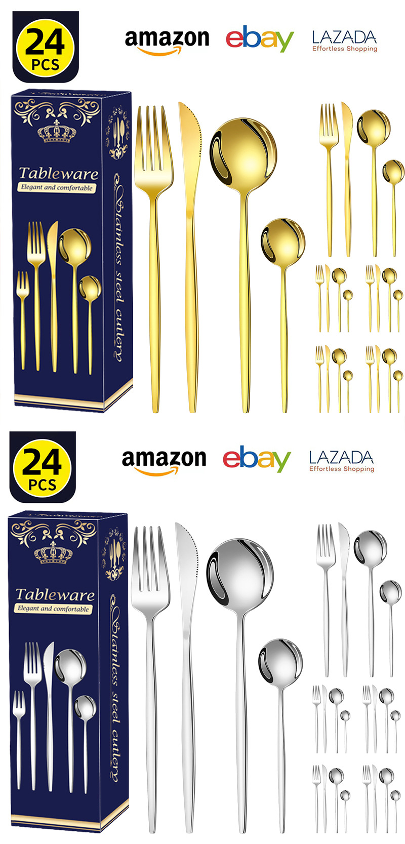 Cross-border Amazon stainless Steel 24-piece tableware set, Portuguese knife, fork and spoon Western tableware gift box set pic 9