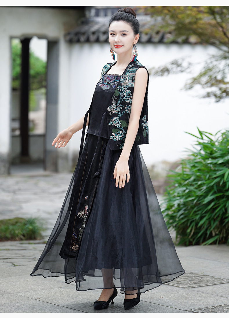 Ethnic style, new Chinese-style national trend, Tencel elastic waist, large swing skirt, long skirt, embroidered flower horse face skirt, A-line skirt pic 4