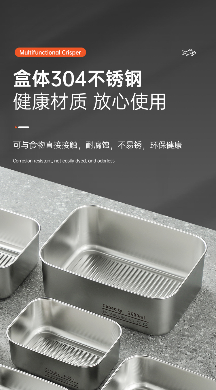 不锈钢食品级304保鲜盒长方形密封饭盒收纳盒储物盒冰箱带玻璃盖详情3