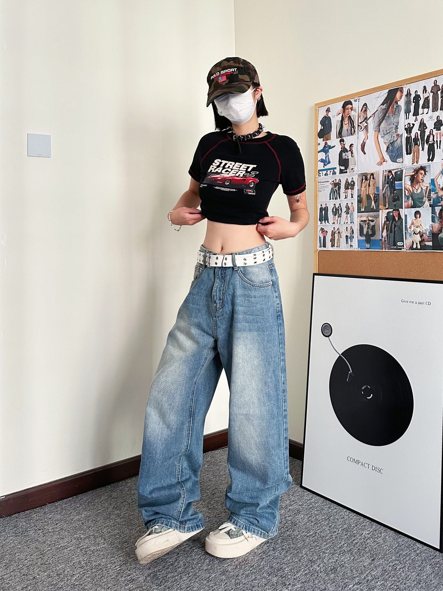 carmour|韩版复古中腰牛仔裤男女浅蓝色水洗设计感宽松直筒阔腿裤详情7