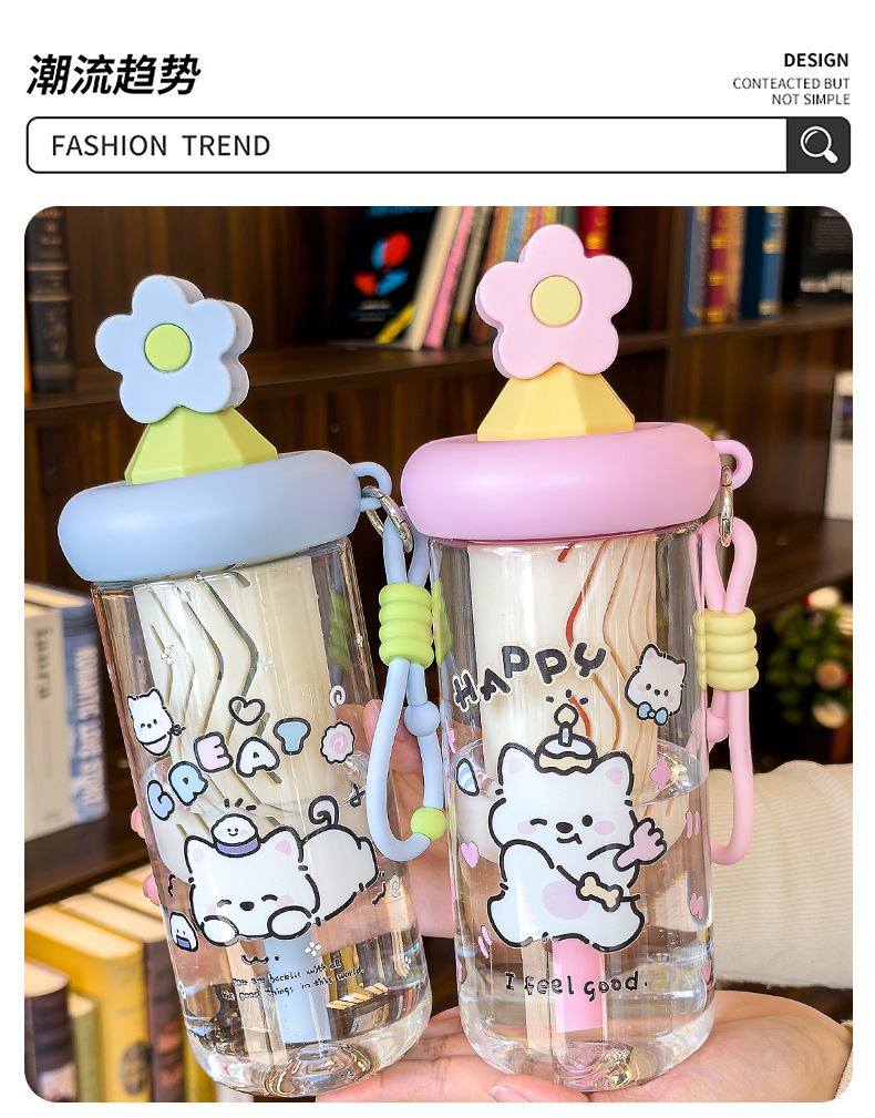 Cute cat-patterned transparent water cup with handle, glass cup with sun relief, glass thermos pic 12