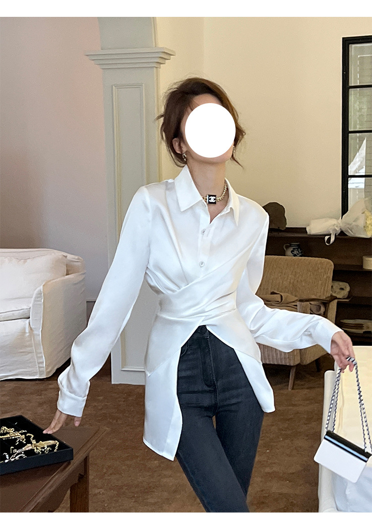 新款缎面白色两穿设计感小众收腰衬衣长袖衬衫女气质百搭上衣女详情6