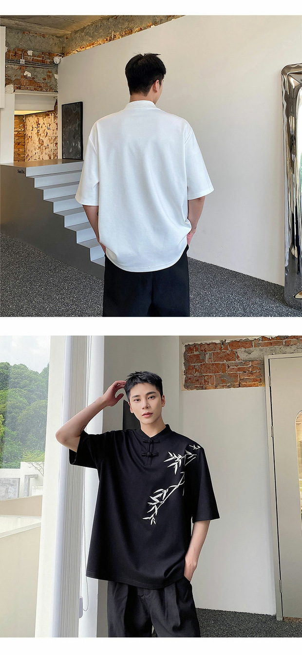 Summer Chinese trend improved Chinese-style button-up T-shirt for men, short-sleeved, niche bamboo embroidery design, retro Chinese style half-sleeved top pic 7