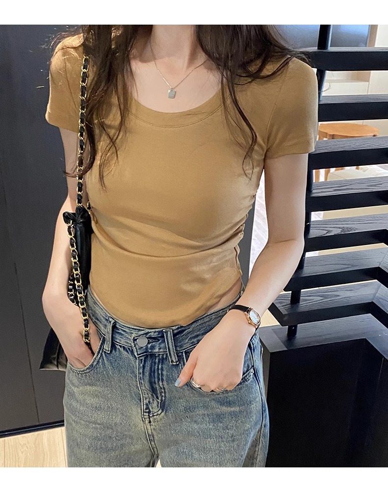 辣妹正肩紧身短袖T恤女 2025夏季新款直播显身材 茶艺风格低领紫色上衣 女式T恤青春时尚潮流详情5