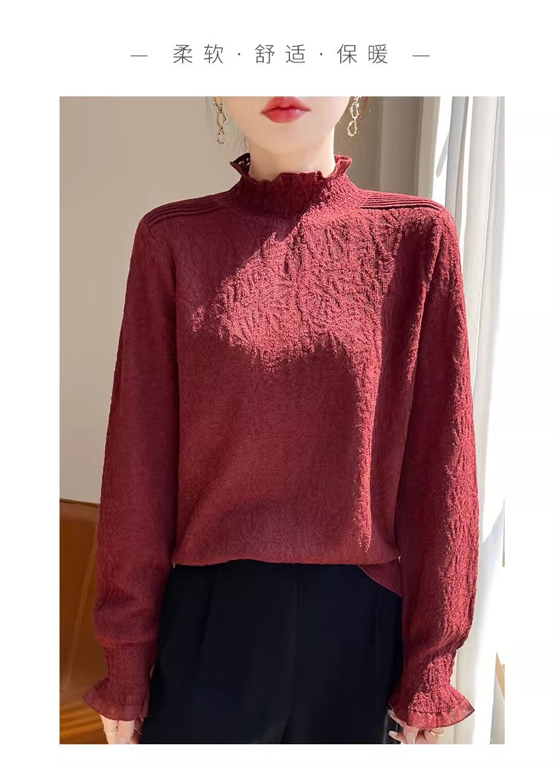 The 2025 autumn/winter new style lace and black ear-trimmed semi-high neck base layer for women is super stylish. Pair it with an A9325 sweater pic 19