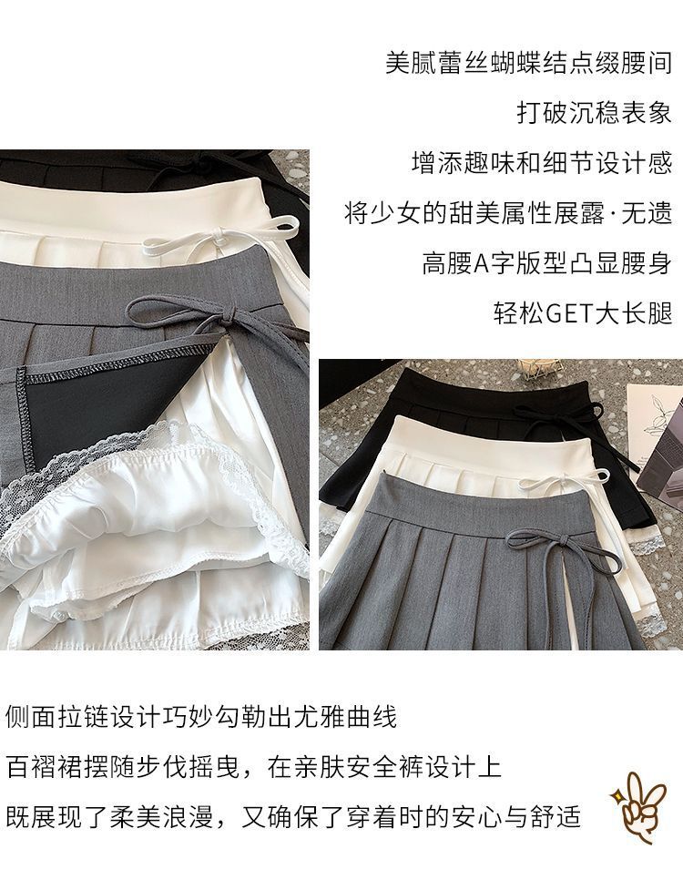 甜美纯欲风百褶半身裙女春夏新款蕾丝拼接蝴蝶结高腰防走光超短裙详情14