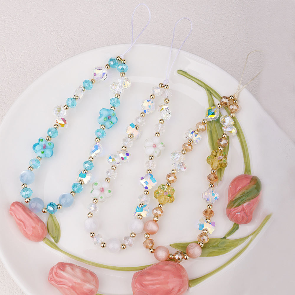 New cherry blossom woven beaded mobile phone chain pendant, mountain cherry blossom Moon crystal Flower Girl heart bag pendant, CCD wrist chain pic 2