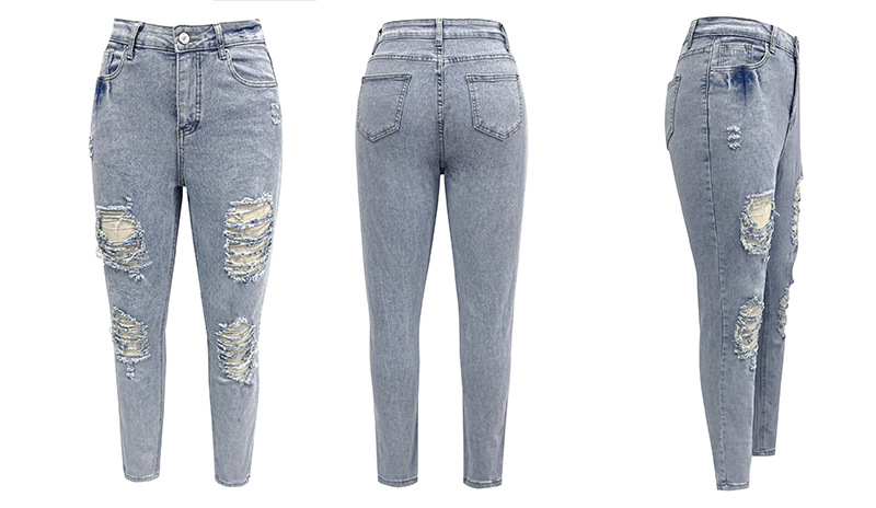 外贸女装亚马逊欧美2023夏季跨境时尚修身显瘦破洞牛仔长裤女高腰详情4