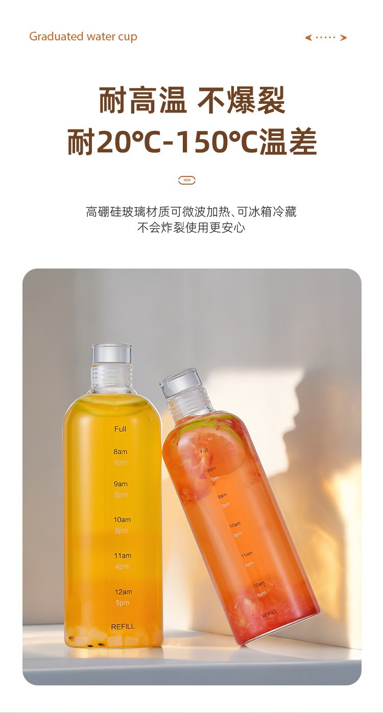 时间刻度玻璃杯家用耐高温水瓶高颜值杯子透明日式便携果汁柠檬杯详情2