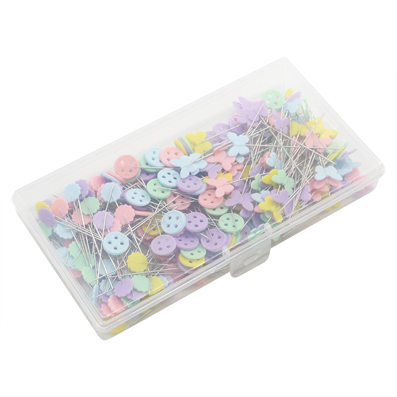 Cross-border PP hanging box contains 300 pieces per box, featuring multiple combinations of patterned needles, large-head quilted straight needles, butterfly and plum blossom button needles pic 7