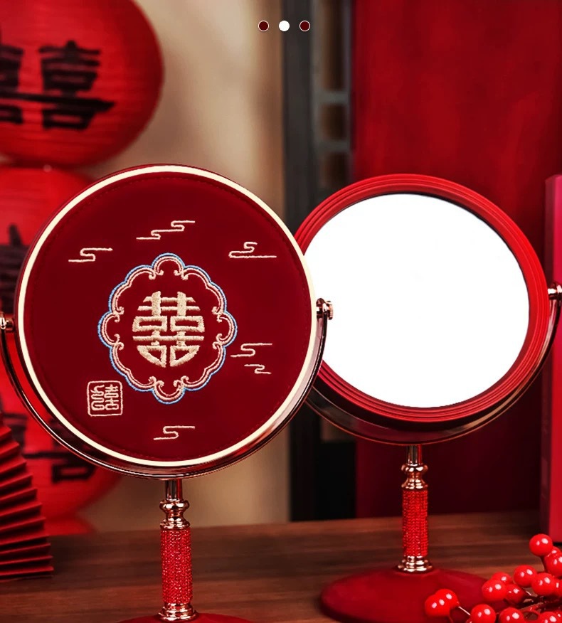 结婚陪嫁刺绣化妆镜礼盒一对红色新娘出嫁喜女方嫁妆婚庆用品大全详情13