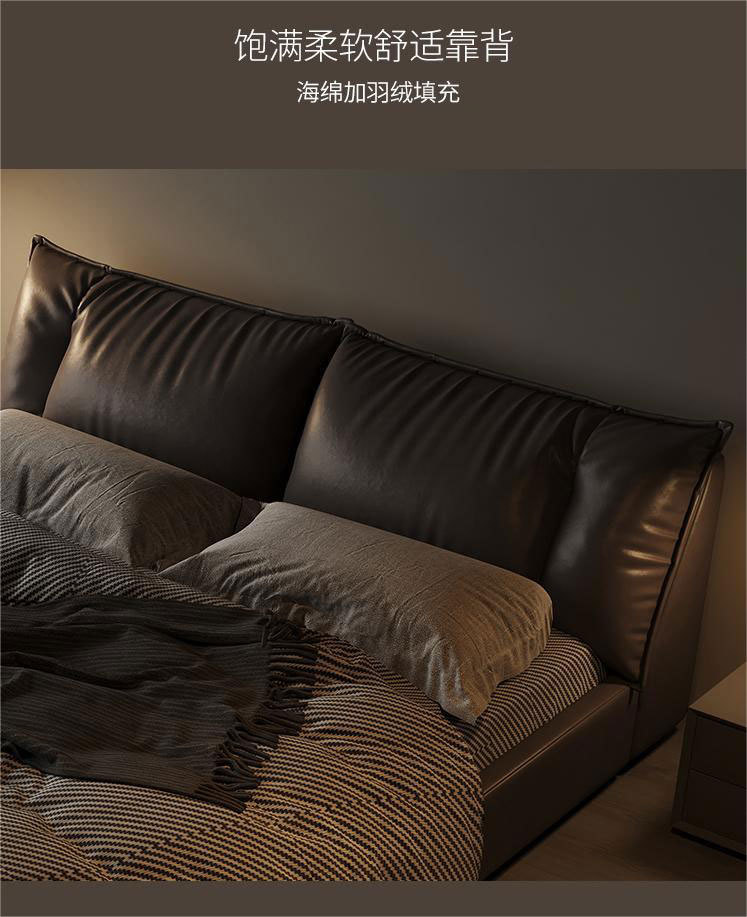 意式极简真皮床头层牛皮榻榻米床主卧羽绒软包床2*2米大床双人床详情11