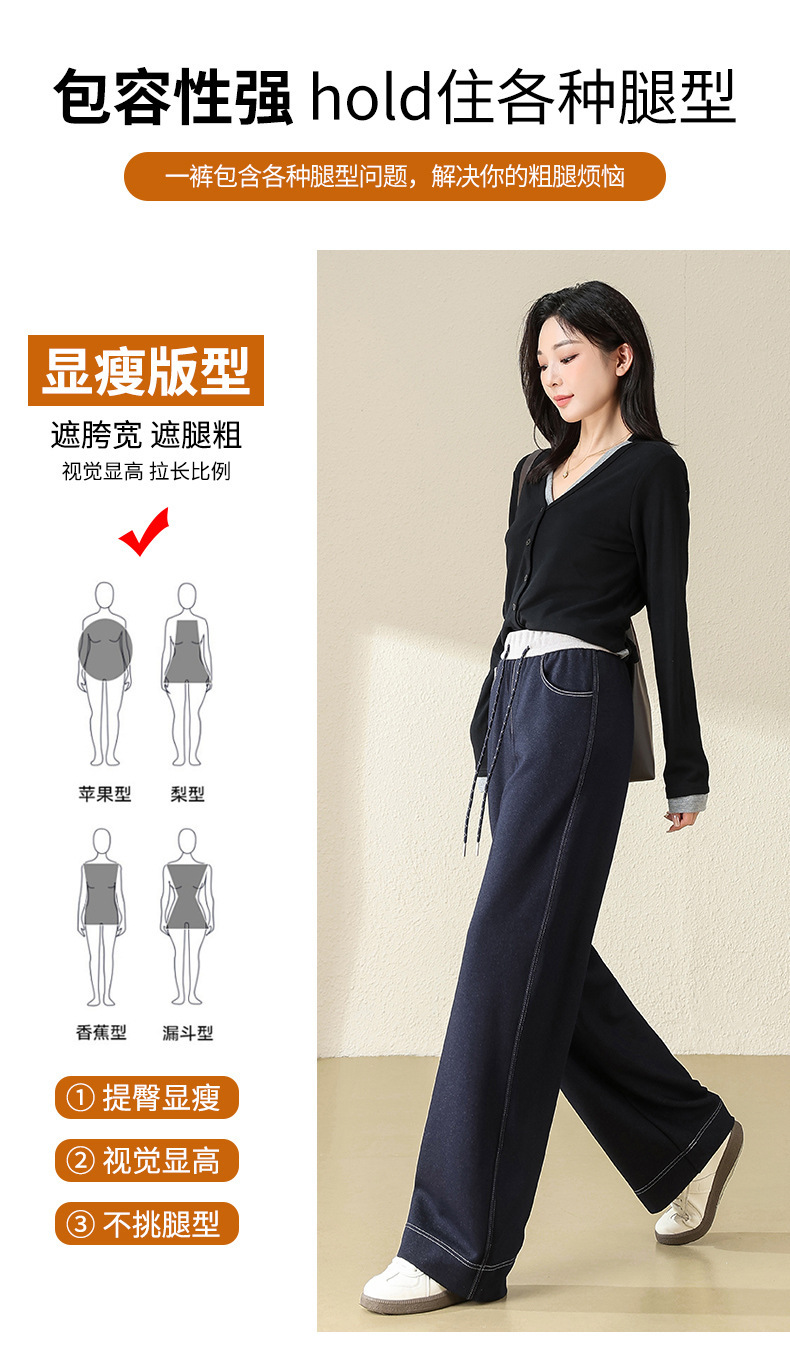 丹宁蓝窄版牛仔裤女2025秋冬季新款松紧高腰休闲直筒裤垂感阔腿裤详情10