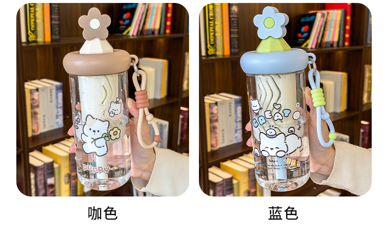 Cute cat-patterned transparent water cup with handle, glass cup with sun relief, glass thermos pic 11