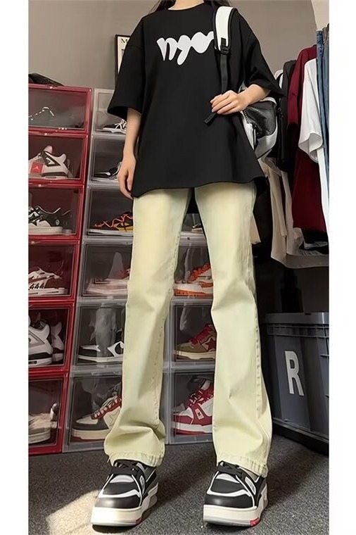 美式复古裤子高街水洗黄泥色牛仔裤男女款夏季高腰直筒修身微喇裤详情8