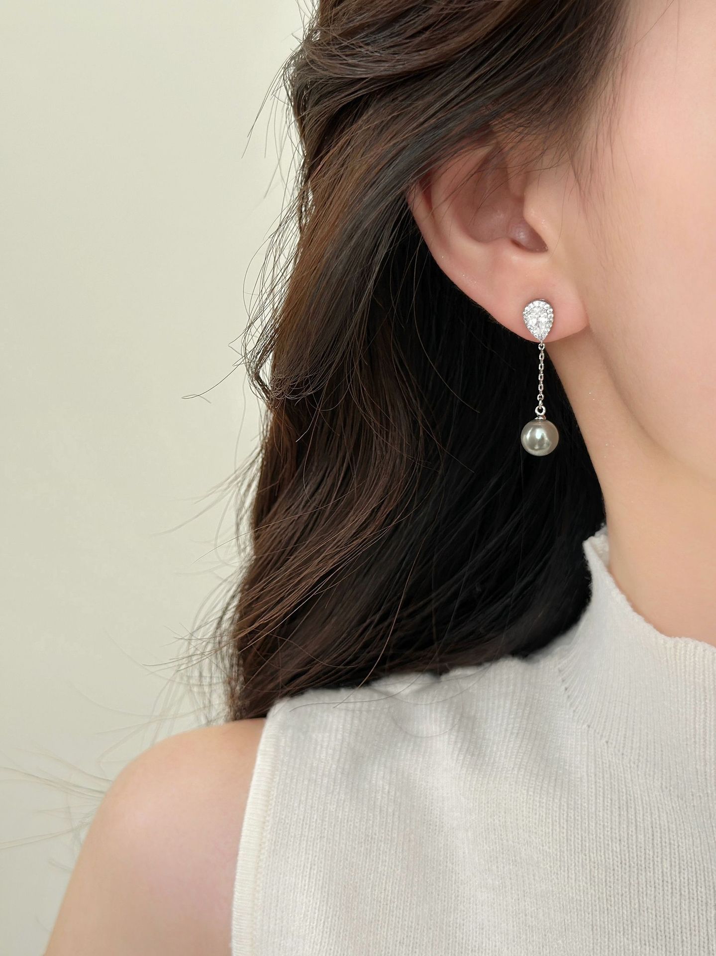 银针轻奢锆石水滴珍珠款流苏耳钉法式气质百搭耳环简约高级感耳饰详情8