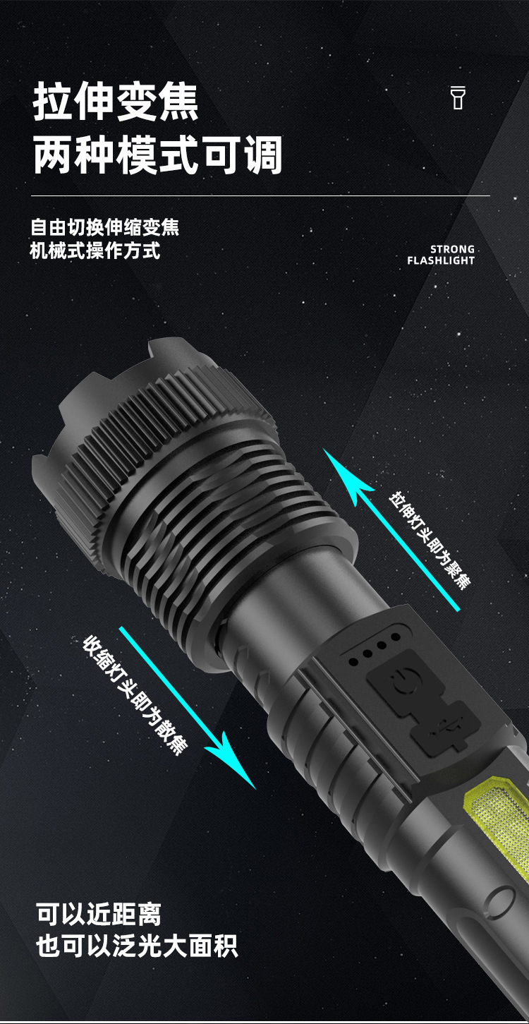 Cross-border multi-functional telescopic zoom electric display high-power strong light pen holder red and blue flashing warning tape side light flashlight pic 8