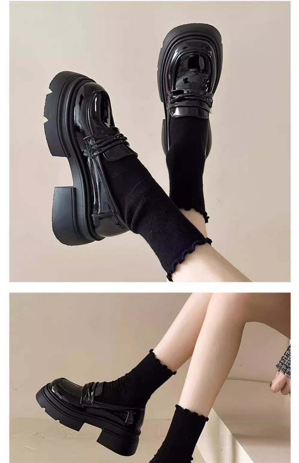 牛皮版~英伦风厚底真皮小皮鞋女复古黑色休闲松糕鞋一脚蹬乐福鞋详情6