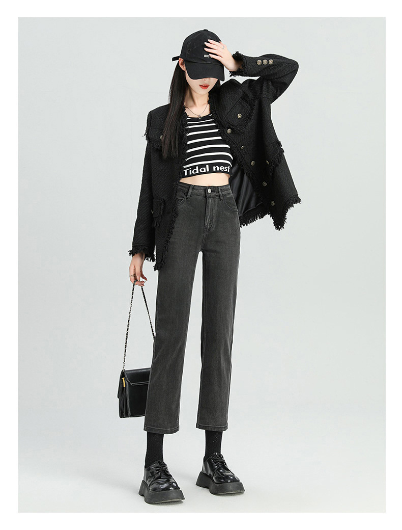 爆款超柔高腰小直筒牛仔裤女2024春季弹力黑色修身窄版烟管法棍裤详情27