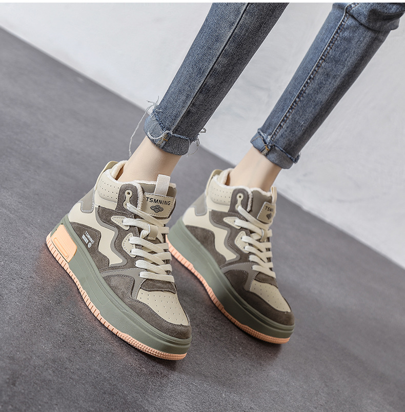 真皮高帮鞋女秋冬厚底拼色板鞋2025新款加绒休闲ins风运动鞋子女详情8