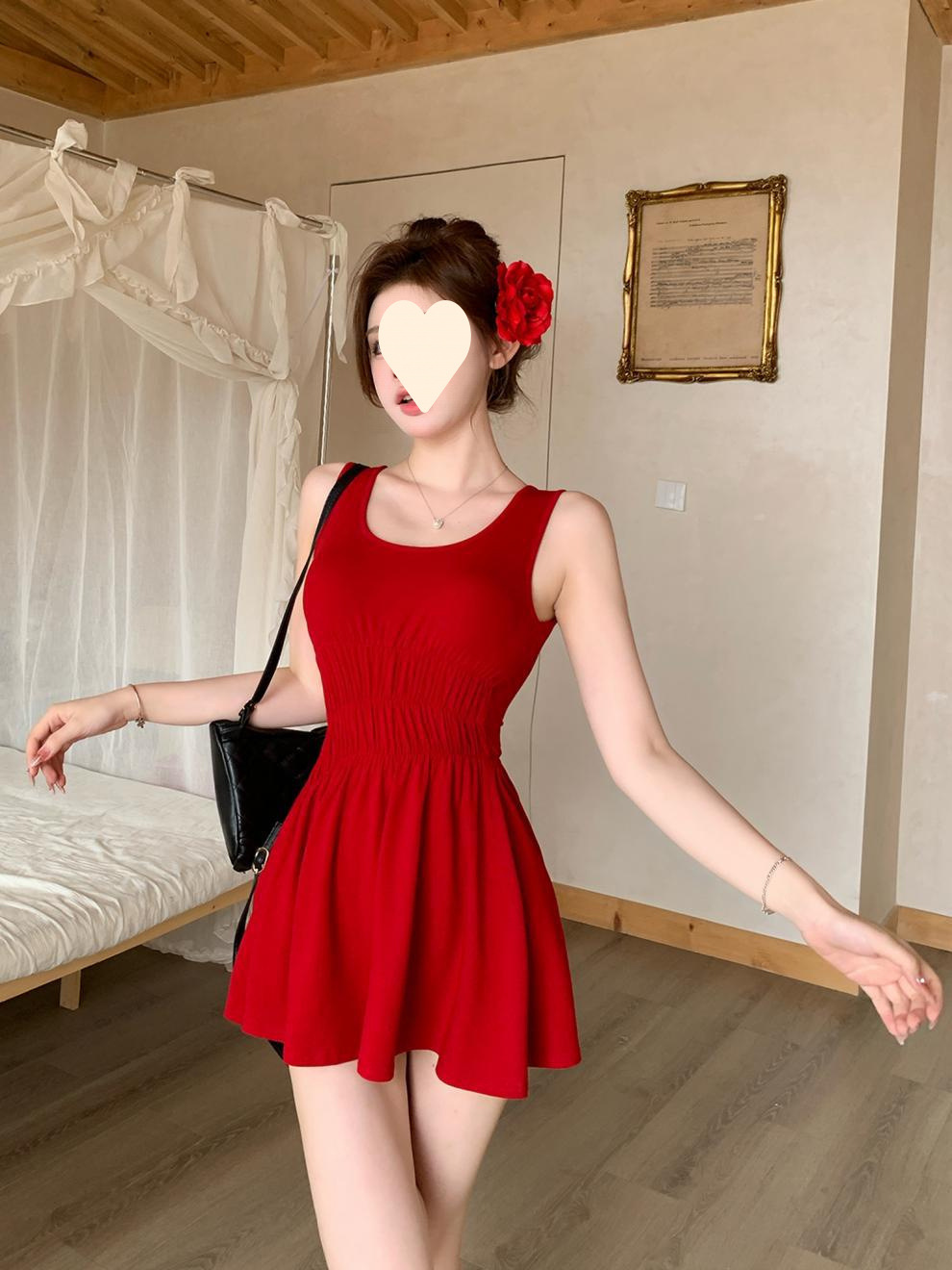 蝴蝶结性感露背法式红色连衣裙女高级感夏收腰显瘦甜辣妹吊带短裙详情9