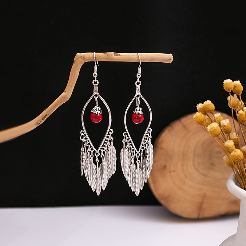 欧美波西米亚蓝松石民族风耳钉 仿苗银金属耳坠复古流苏耳饰批发详情33