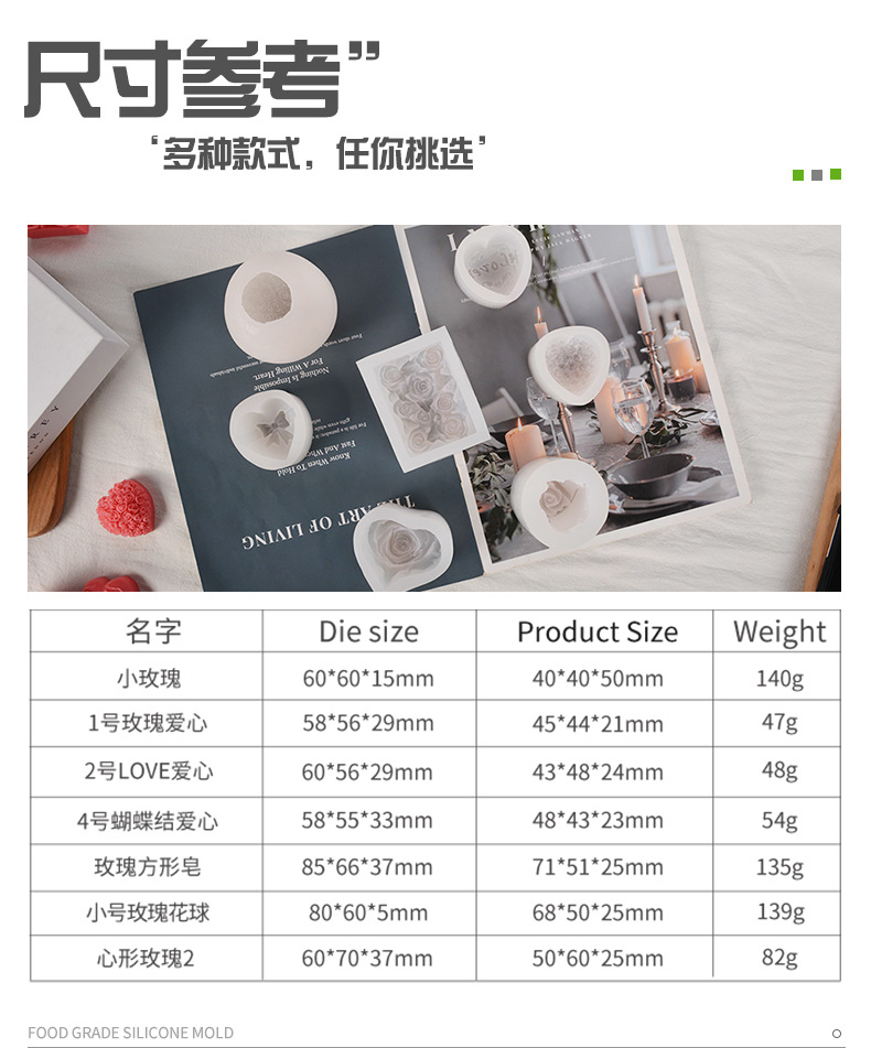 爱心玫瑰香薰蜡烛硅胶模具DIY手工皂扩香石滴胶石膏摆件详情3