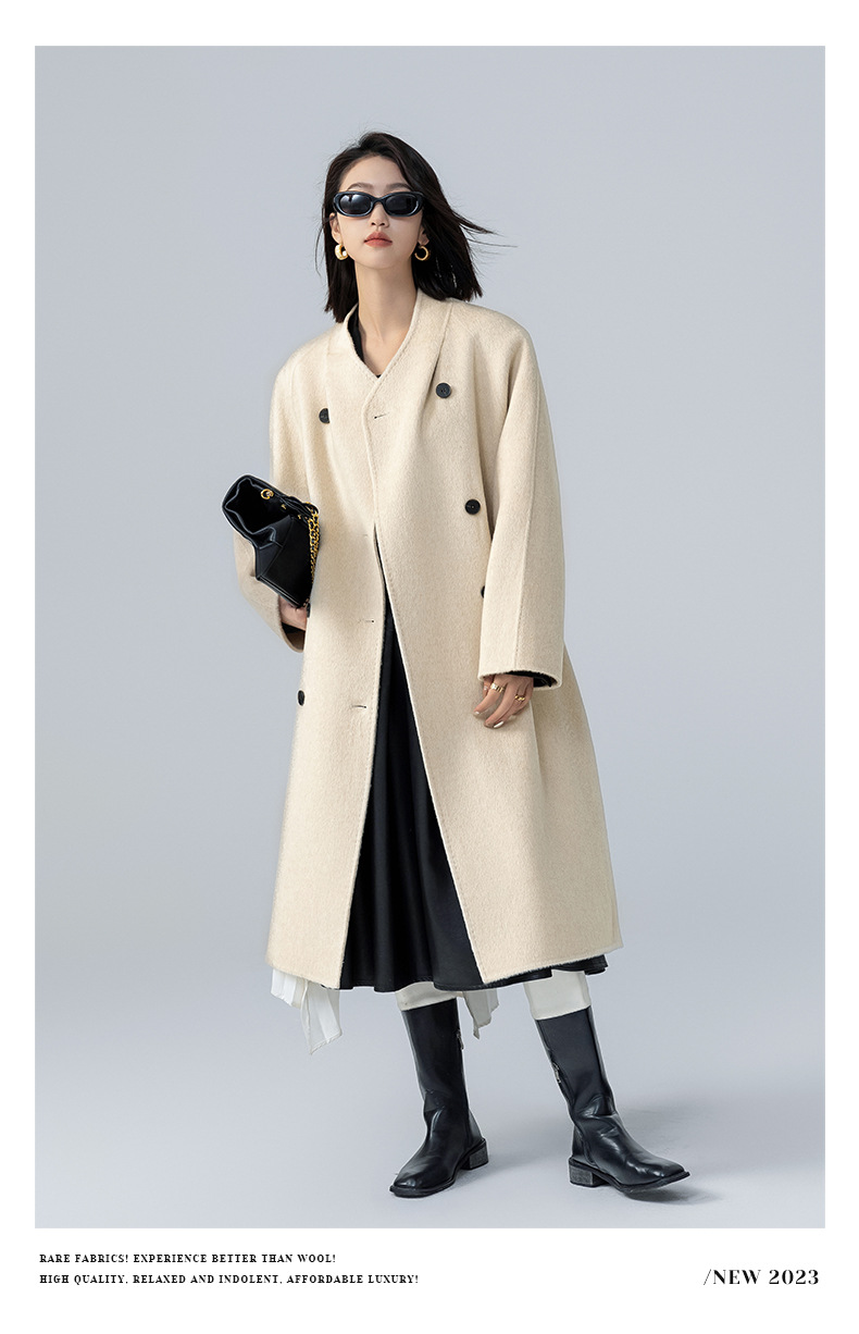 The new stand-up collar double-sided cashmere coat for women in the spring and autumn of 2025 is a long cocoon-shaped alpaca wool woolen coat. It is a popular woolen coat pic 22