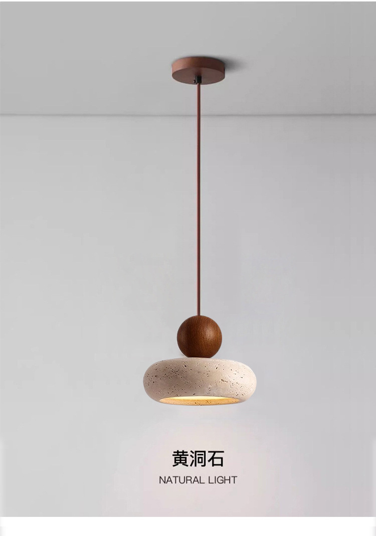 复古侘寂风天然黄洞石小吊灯民宿卧室床头灯餐厅吧台实木圆球灯具详情11