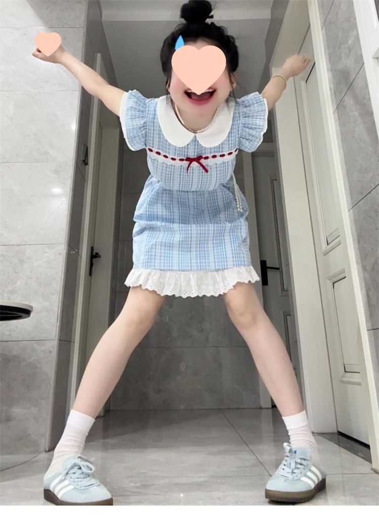 法式娃娃领蓝色小飞袖格子连衣裙子女夏季2025年新款气质公主短裙详情1