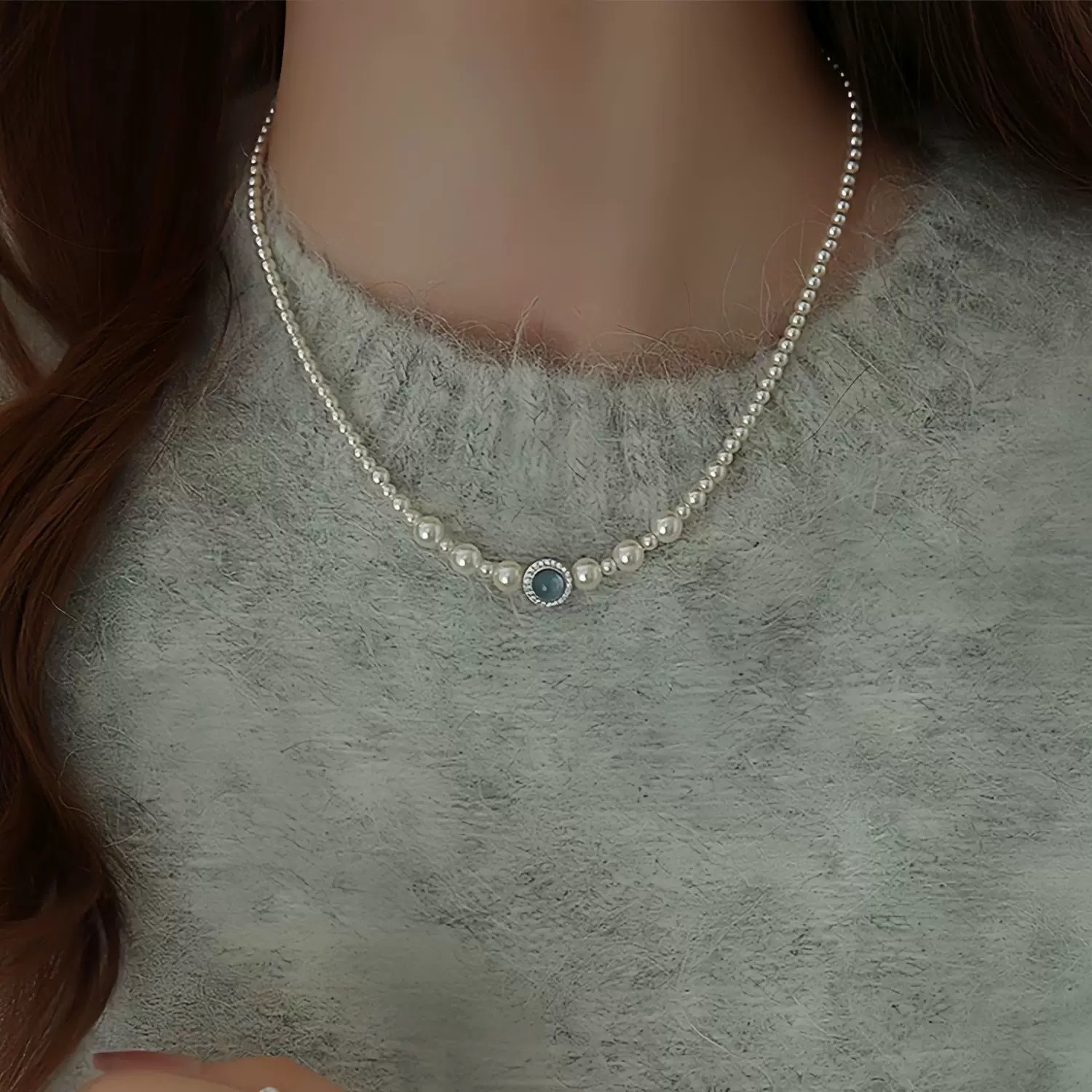 S925 sterling silver 12.18 aquamarine pearl necklace for women, French light luxury, niche design, simple and elegant, versatile and high-end pic 4