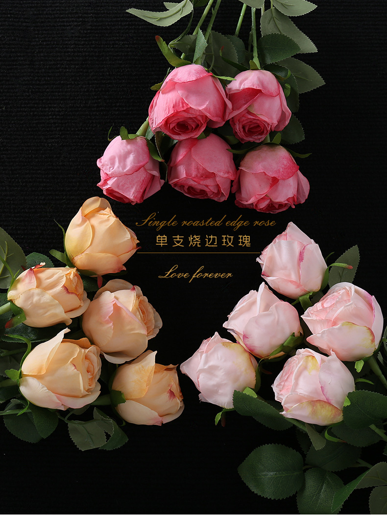 复古仿真单枝烤边圆玫瑰摄影道具婚庆家居花艺摆件仿真焦边玫瑰详情1