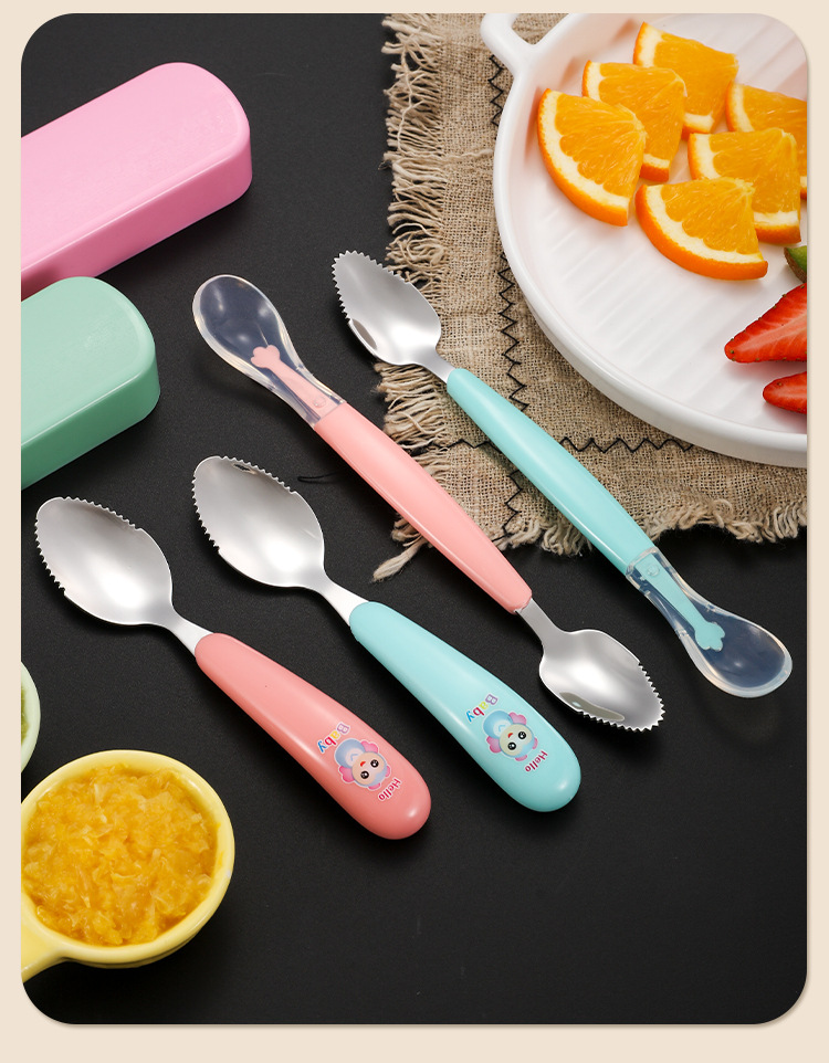 便携儿童餐具水果勺双头两用卡通宝宝硅胶刮泥勺婴儿辅食挖泥勺详情25