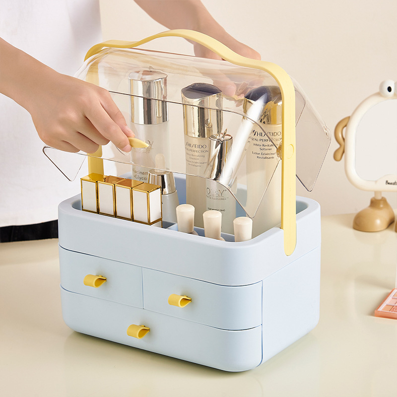 新款手提化妆品收纳盒宿舍桌面防尘整理箱护肤品置物架带盖化妆盒详情5