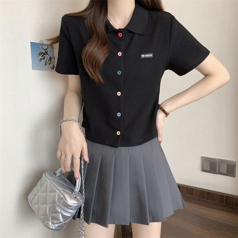 夏季大码胖mm学院风减龄彩色扣polo领正肩黑色短袖T恤女小衫上衣详情13